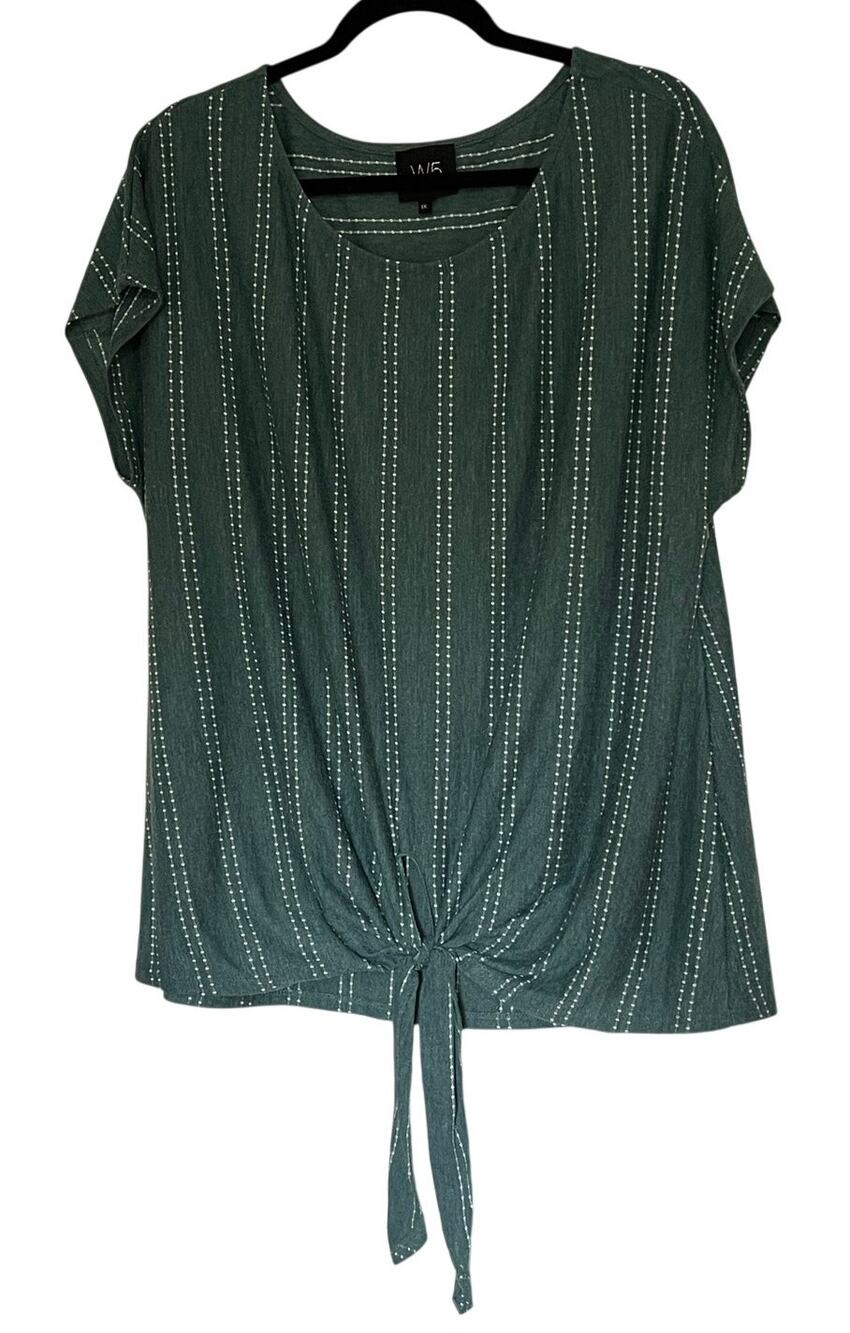 W5 Women’s 1X Green Striped Tie Front Top Short Sleeve Plus Size Boho Casual